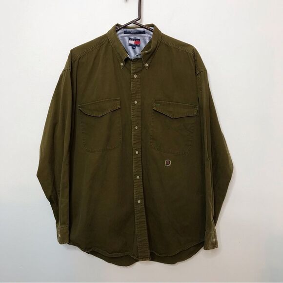 Tommy Hilfiger Mens Long Sleeve Button Up Cotton Khaki Shirt Sz XL - Picture 1 of 13